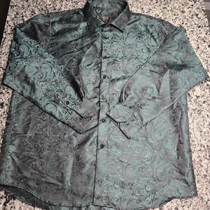 DiBanGu Silk Blend Paisley Green Button-Up Shirt Dress Shirt Men Size XXL